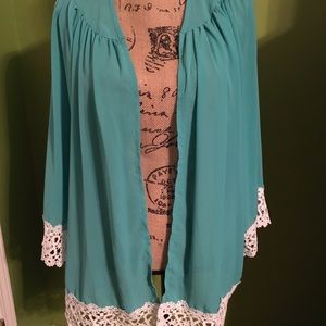 📂💼Teal green cardigan with lace Sz L NWT